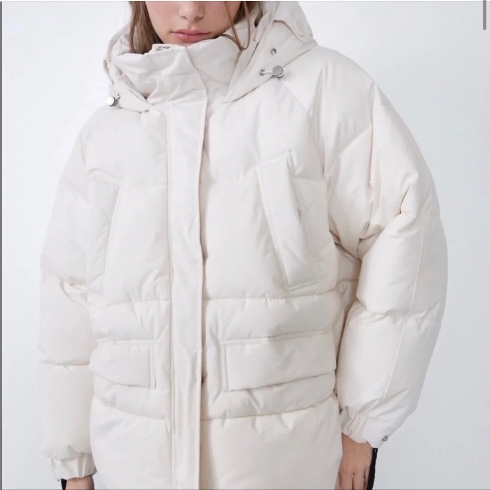 Zara oversized hooded ecru cream neutral puffer jacket Parka pocket size XS NWT - Picture 5 of 16